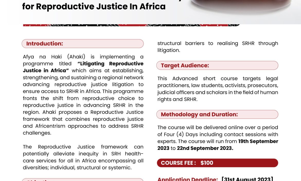 CALL FOR APPLICATIONS FOR ADVANCED SHORT COURSE ON REPRODUCTIVE JUSTICE IN AFRICA 2
