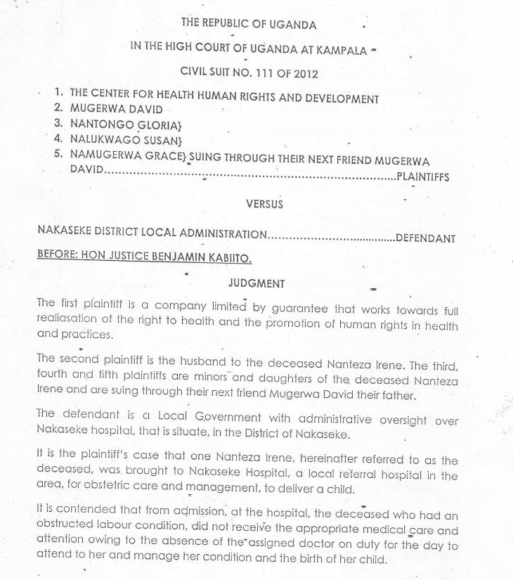 CEHURD and 4 others V Nakaseke District Local Administration – Civil Suit No 111 of 2012