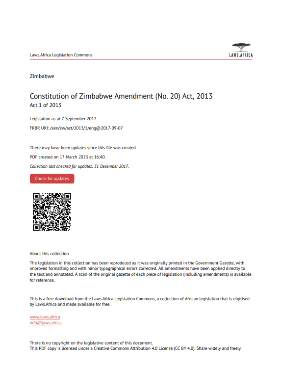Constitution of Zimbabwe Amendment {No. 20} Act, 2013