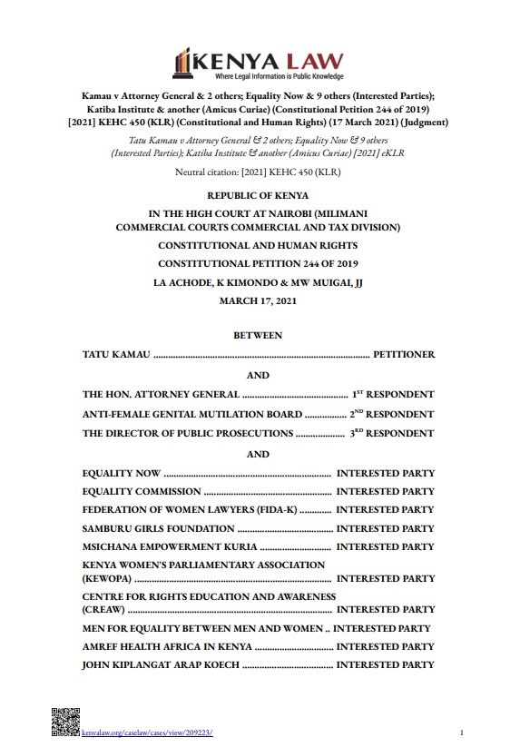 Kamau v Attorney General & 2 others; Equality Now & 9 others (Interested Parties);