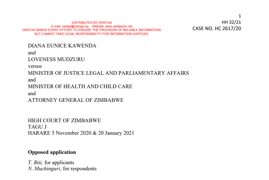 Kawenda and another V Minister of Justice, Legal and Parliamentary affairs and 2 others – Case No HC 2617 of 2020