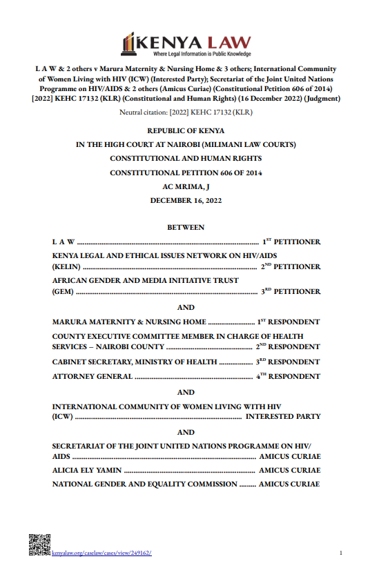 L A W & 2 others v Marura Maternity & Nursing Home & 3 others; International Community (1)