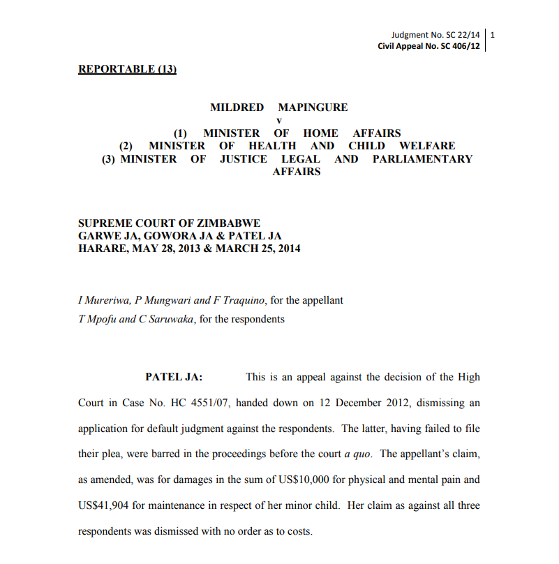 Mapingure v Minister of Home affairs and 2 others – Civil Appeal No SC 406 of 2012