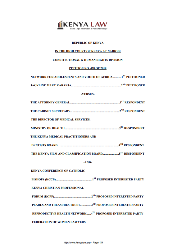 Network for Adolescents and Youth of Africa and another v The Attorney General and others – Petition No. 428 of 2018