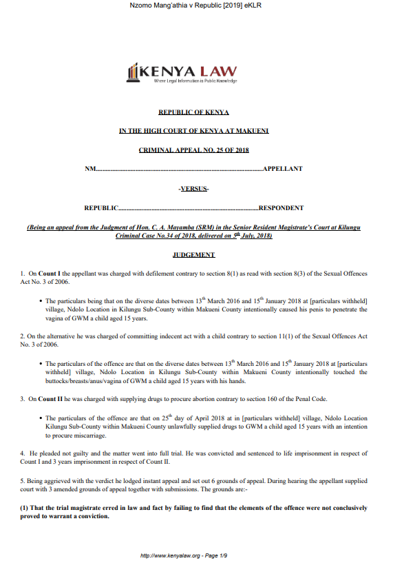 Nzomo Mang’athia V The Republic – Criminal Appeal 25 of 2018