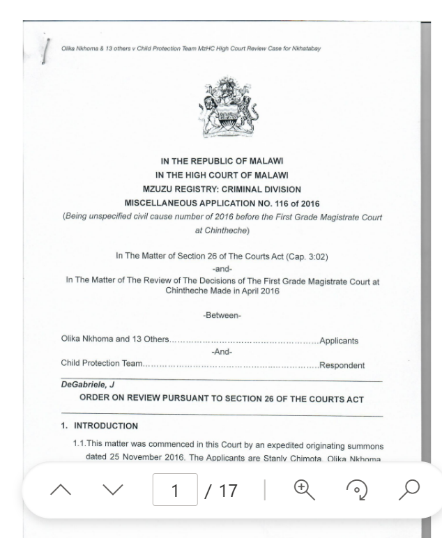 Olika Nkhoma and 13 others V Child Protection Team – Miscellaneous Application No 116 of 2016