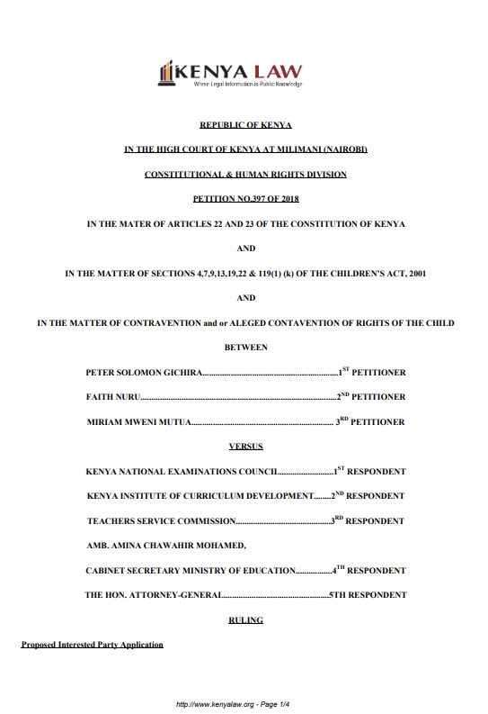 Peter Solomon Gichira and others V Kenya National Examinations Council and others – Petition No 397 of 2018