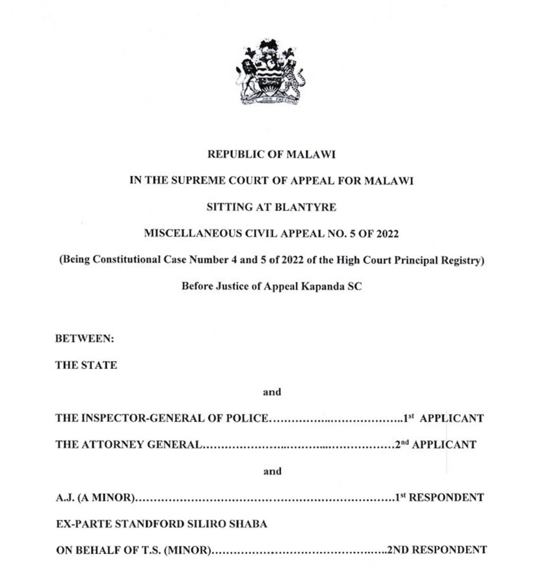 The Inspector General of Police and Attorney General v AJ (a minor) and Ex parte Standford Siliro Shaba on behalf of TS (a minor) (Misc Civil Appeal 5 of 2022) 2022 MWSC